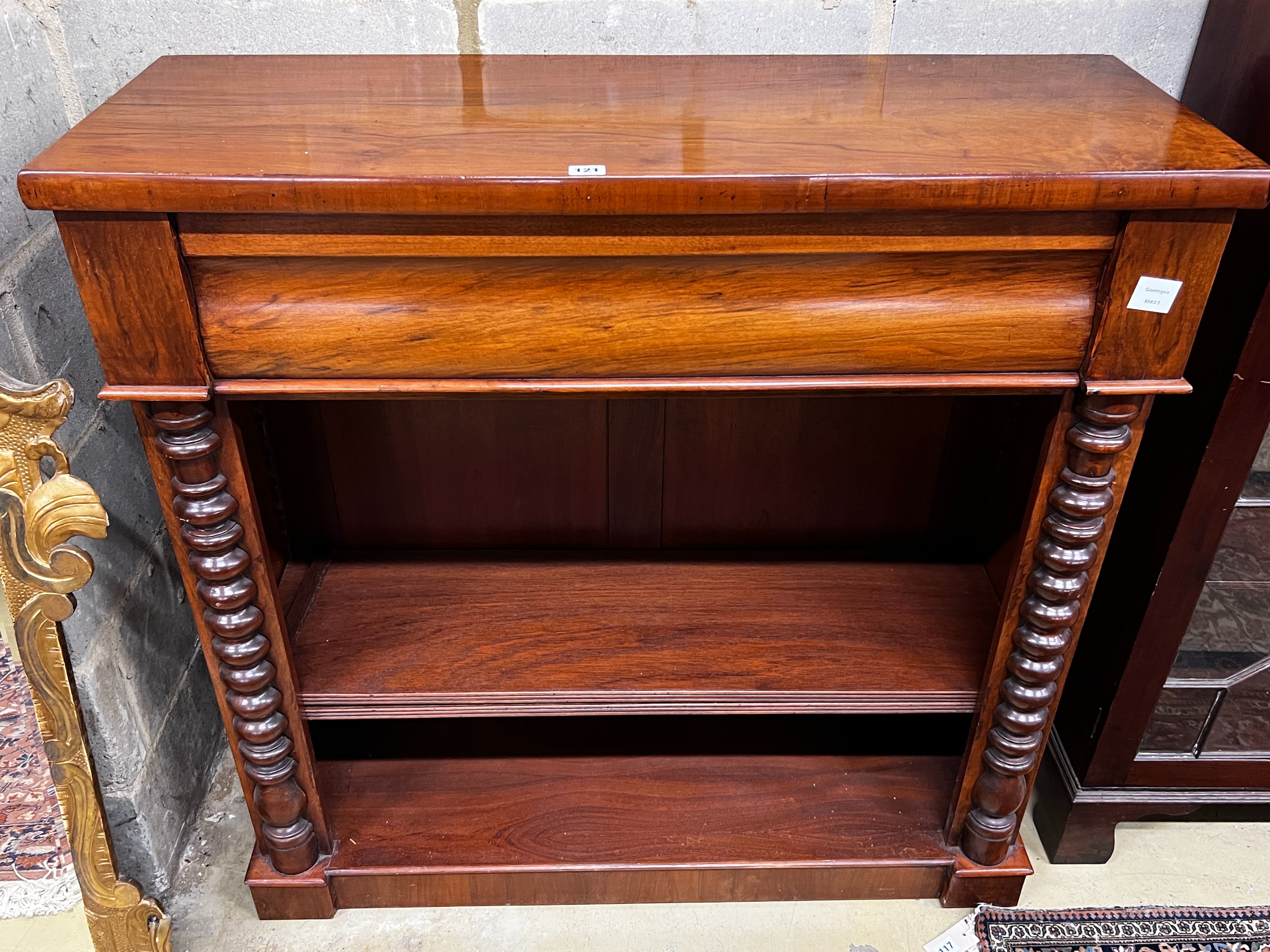 A Victorian and later mahogany open bookcase, length 106cm, depth 38cm, height 107cm (adapted)